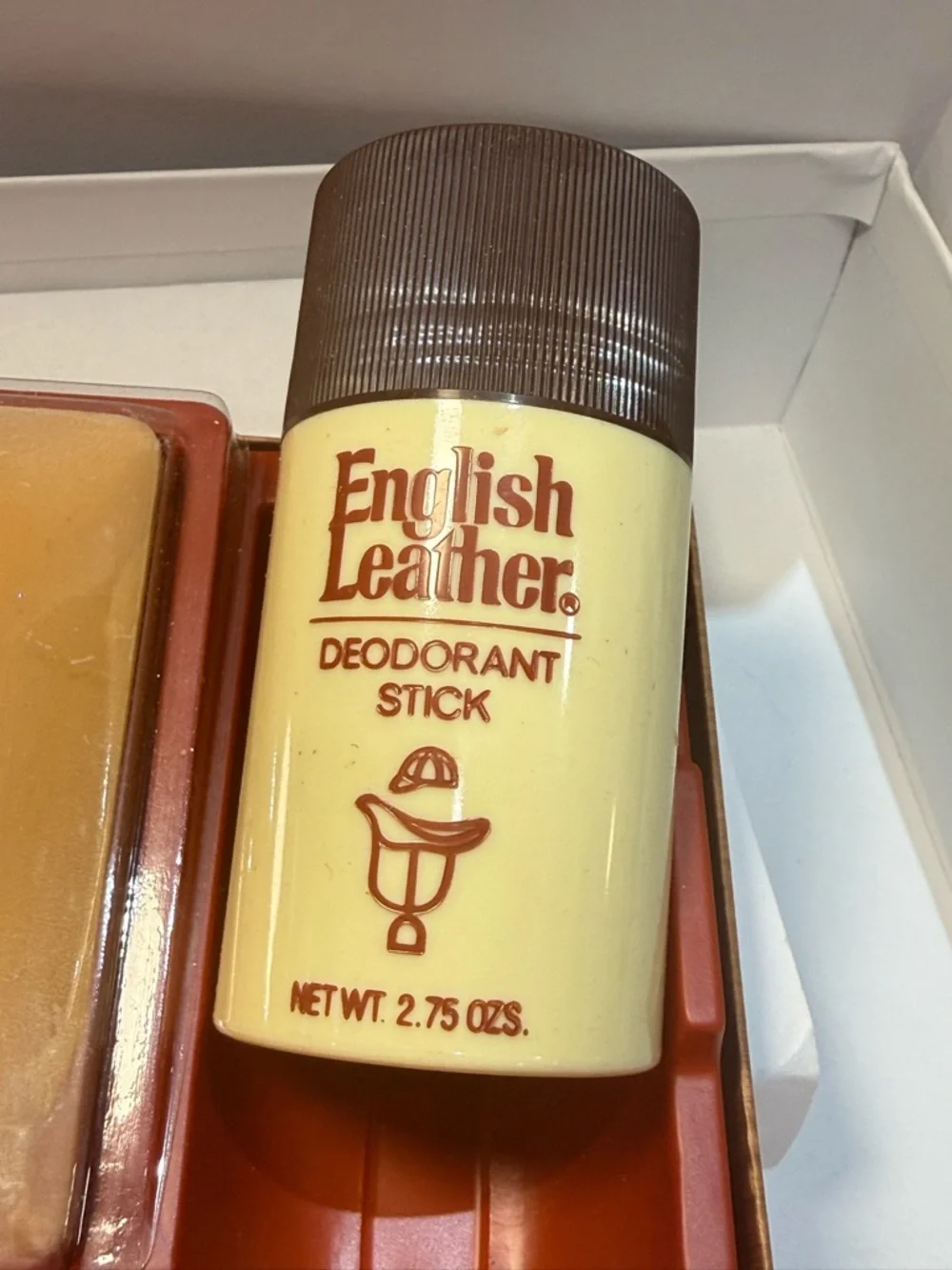 Vtg English Leather 3pc Gift Set After Shave Soap Deodorant NOS Faux Wood Box